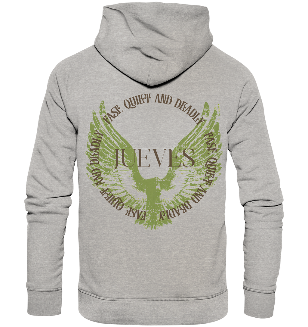 grauer Jueves Apparel Classic Hoodie mit markantem Rückendruck – urbaner Streetwear-Style aus Bio-Baumwolle
