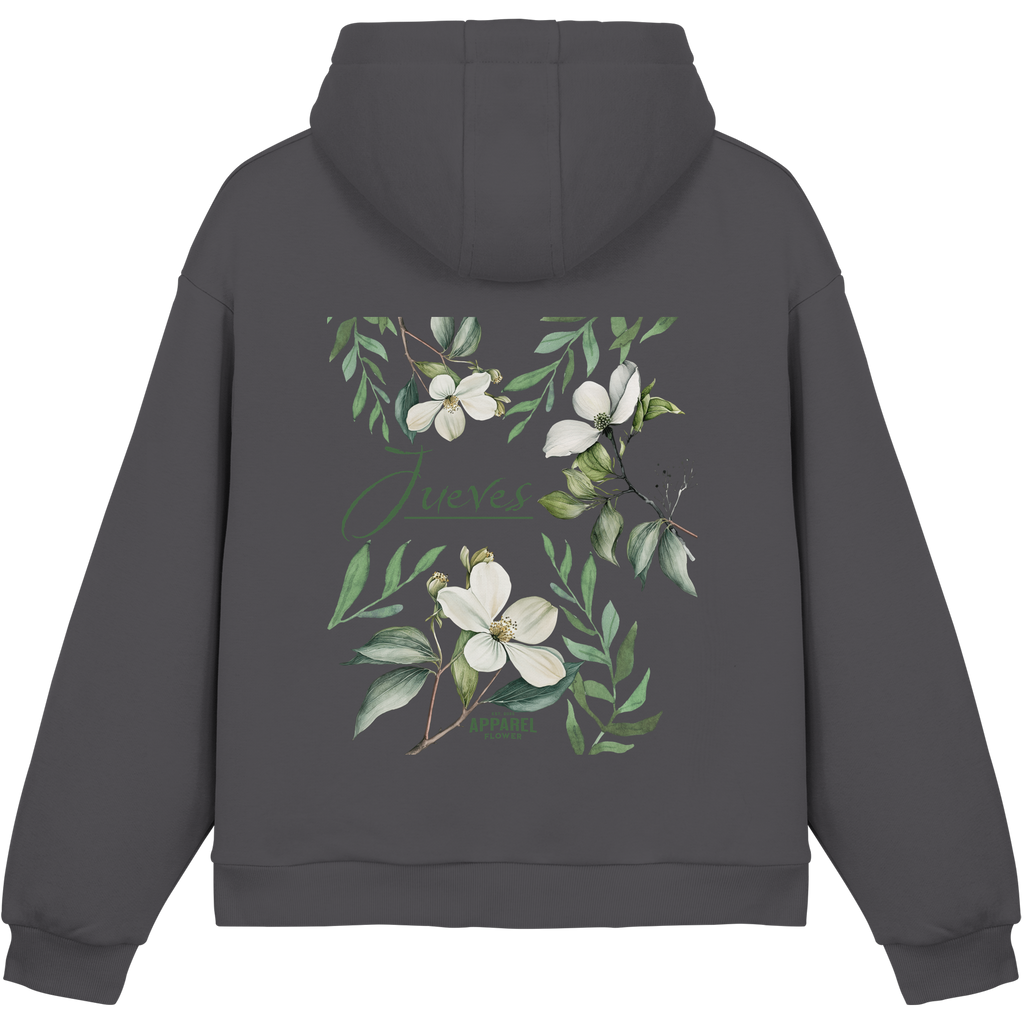 dunkelgrauer Jueves Apparel Oversized Boxcut Hoodie mit markantem Rückendruck – urbaner Streetwear-Style aus Baumwolle