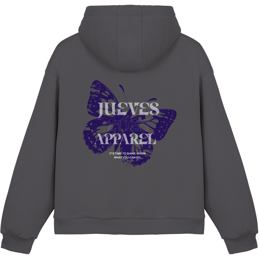 dunkelgrauer Jueves Apparel Oversized Boxcut Hoodie mit markantem Rückendruck – urbaner Streetwear-Style aus Baumwolle