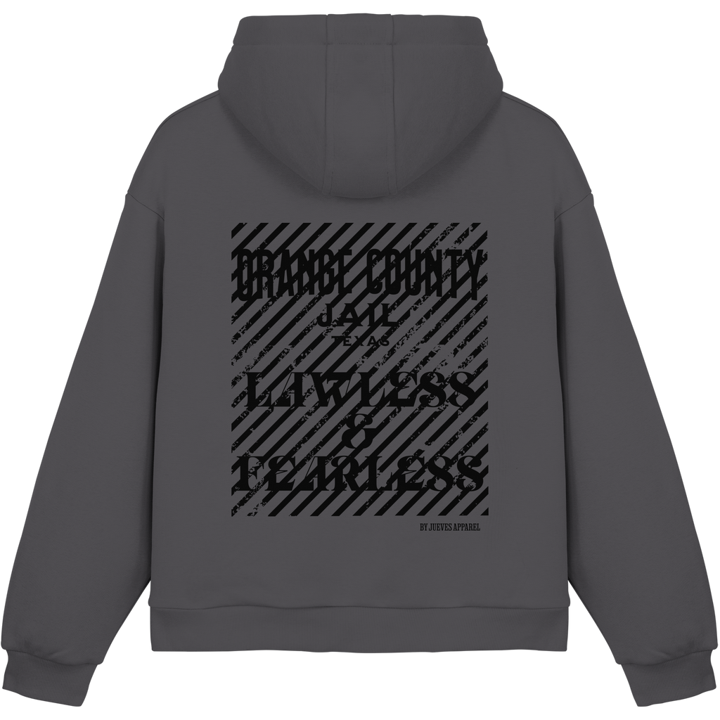 dunkelgrauer Jueves Apparel Oversized Boxcut Hoodie mit markantem Rückendruck – urbaner Streetwear-Style aus Baumwolle