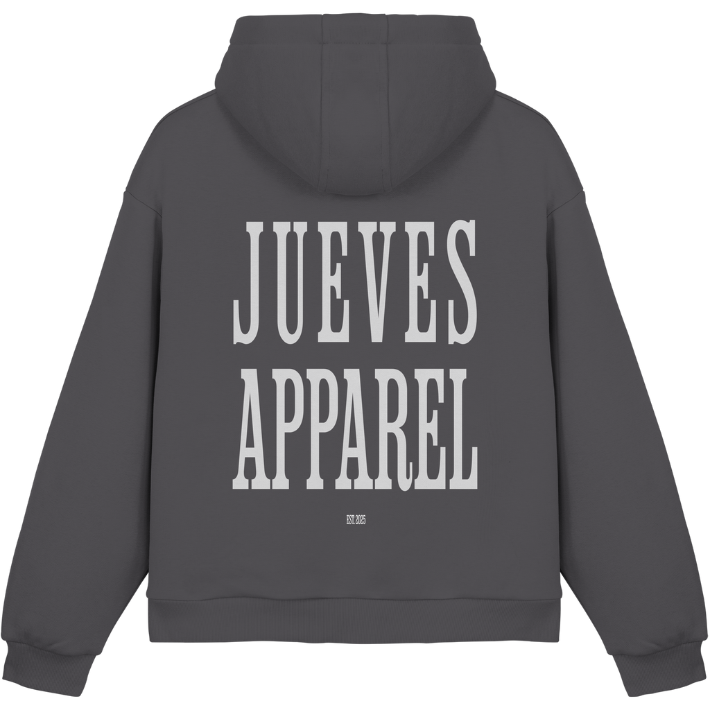 dunkelgrauer Jueves Apparel Oversized Boxcut Hoodie mit markantem Rückendruck – urbaner Streetwear-Style aus Baumwolle