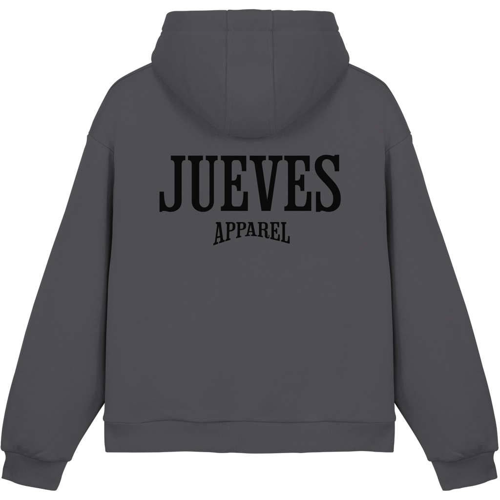 dunkelgrauer Jueves Apparel Oversized Boxcut Hoodie mit markantem Rückendruck – urbaner Streetwear-Style aus Baumwolle
