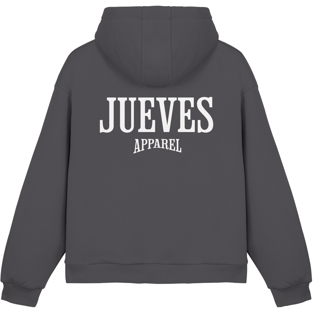 dunkelgrauer Jueves Apparel Oversized Boxcut Hoodie mit markantem Rückendruck – urbaner Streetwear-Style aus Baumwolle