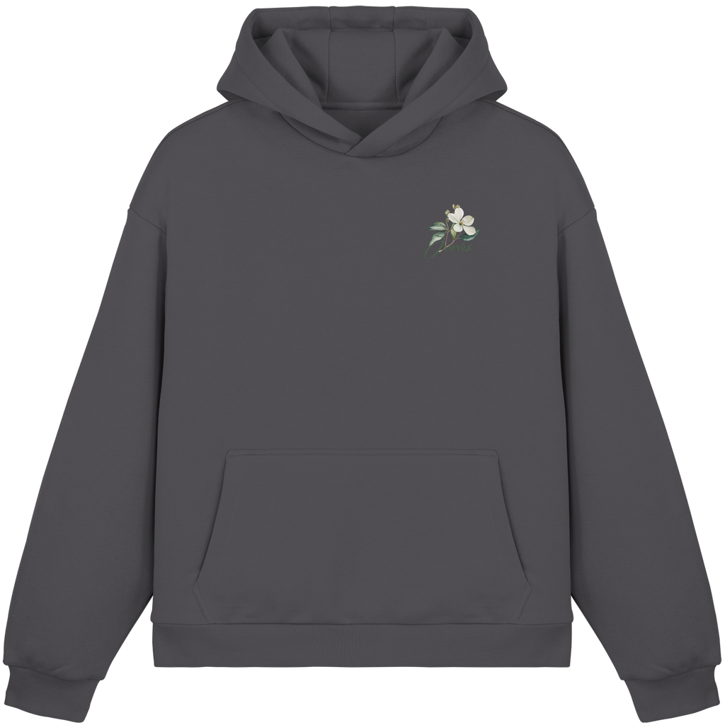 dunkelgrauer Oversized Boxcut Hoodie von Jueves Apparel mit Brustdruck – nachhaltige Streetwear aus 70% Baumwolle