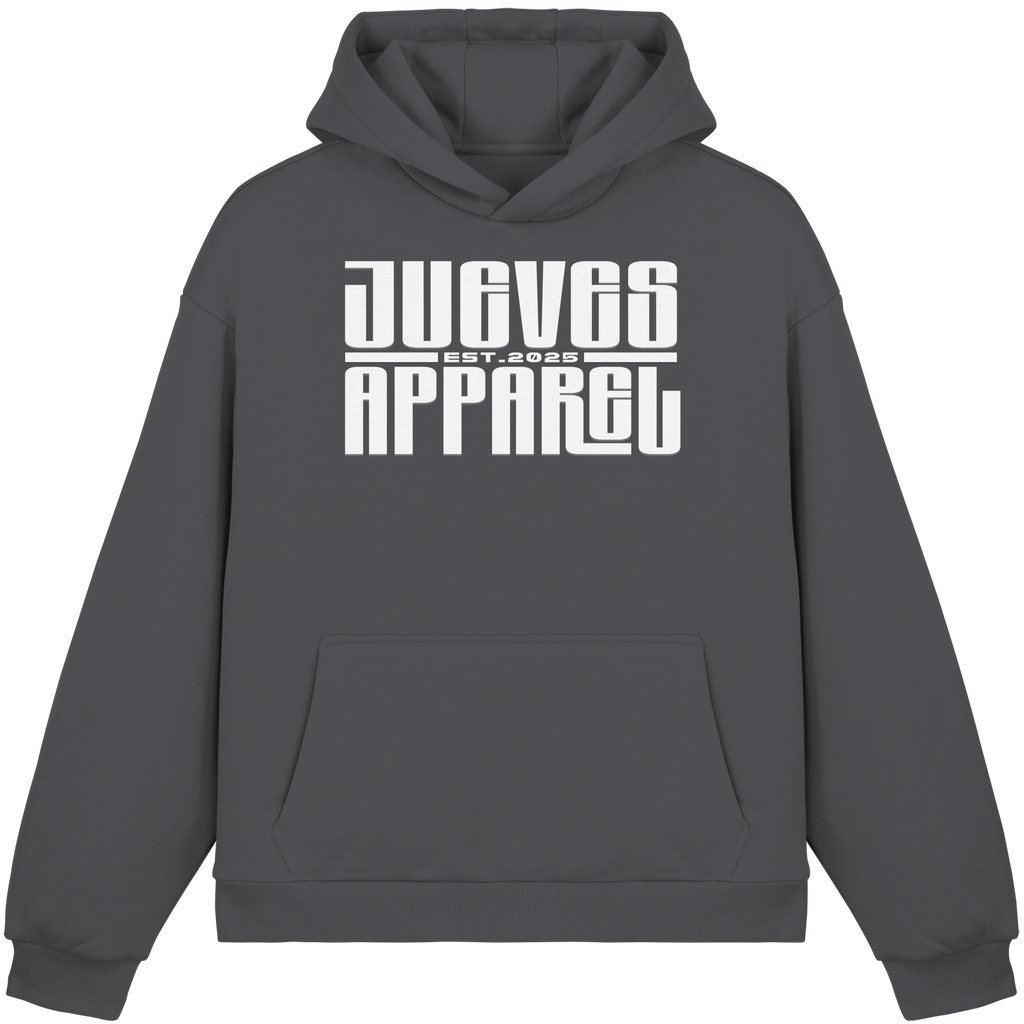 dunkelgrauer Oversized Boxcut Hoodie von Jueves Apparel mit Brustdruck – nachhaltige Streetwear aus 70% Baumwolle
