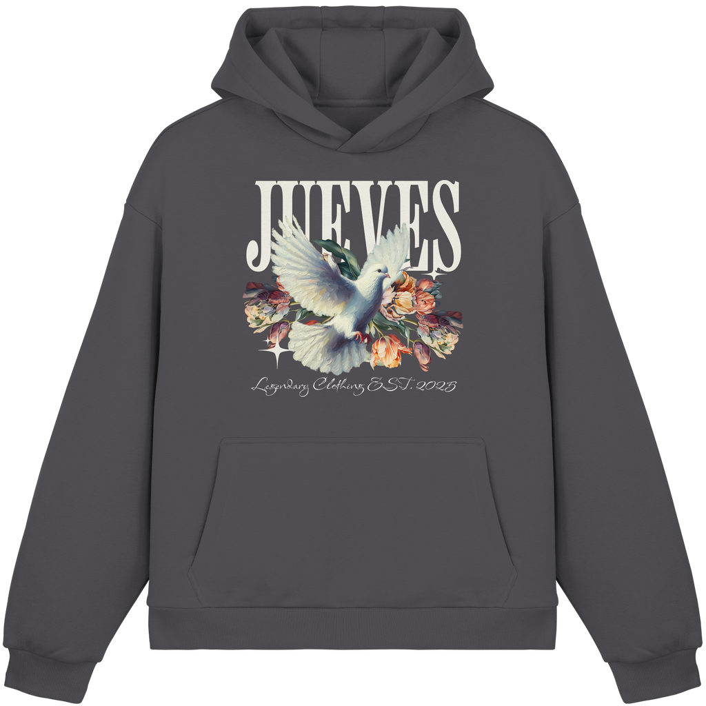 dunkelgrauer Oversized Boxcut Hoodie von Jueves Apparel mit Brustdruck – nachhaltige Streetwear aus 70% Baumwolle