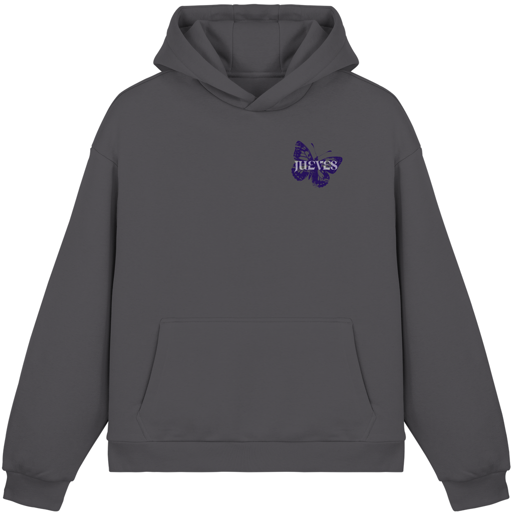 dunkelgrauer Oversized Boxcut Hoodie von Jueves Apparel mit Brustdruck – nachhaltige Streetwear aus 70% Baumwolle