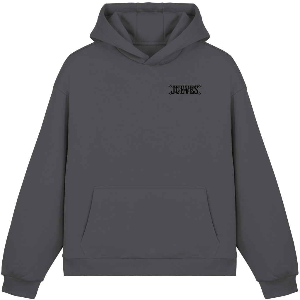 dunkelgrauer Oversized Boxcut Hoodie von Jueves Apparel mit Brustdruck – nachhaltige Streetwear aus 70% Baumwolle