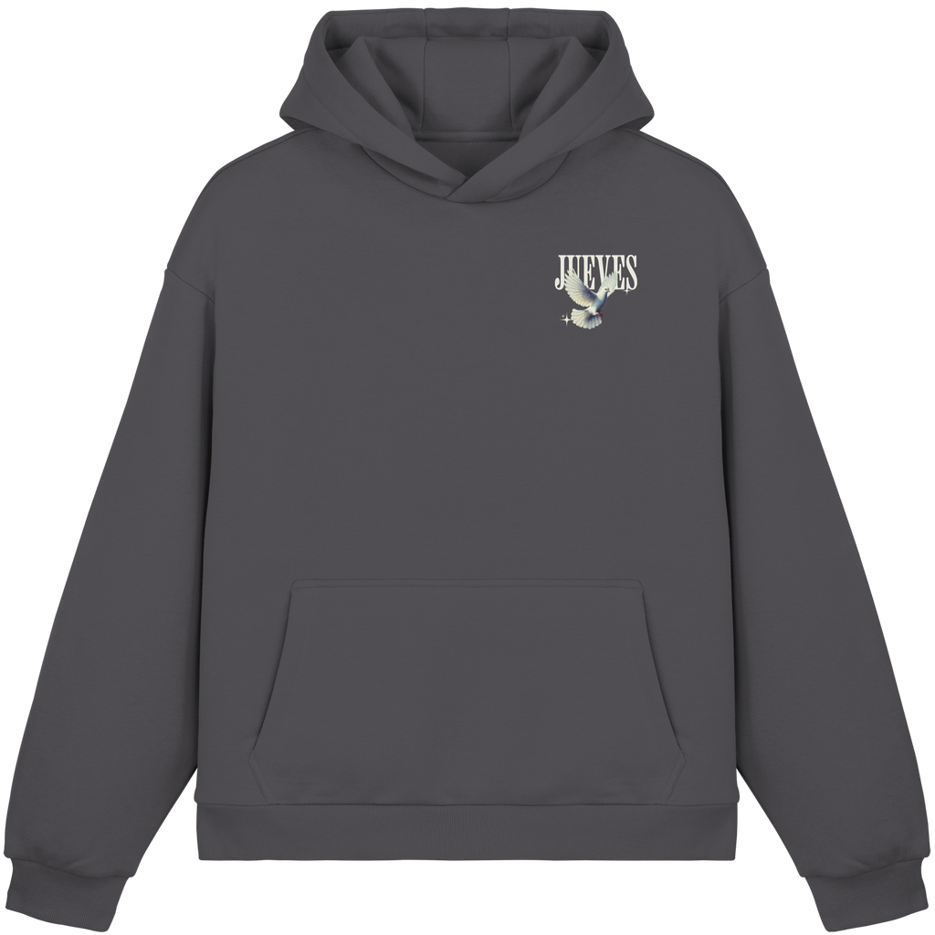 dunkelgrauer Oversized Boxcut Hoodie von Jueves Apparel mit Brustdruck – nachhaltige Streetwear aus 70% Baumwolle