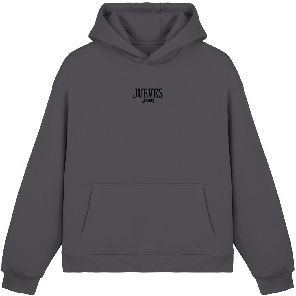 dunkelgrauer Oversized Boxcut Hoodie von Jueves Apparel mit Brustdruck – nachhaltige Streetwear aus 70% Baumwolle