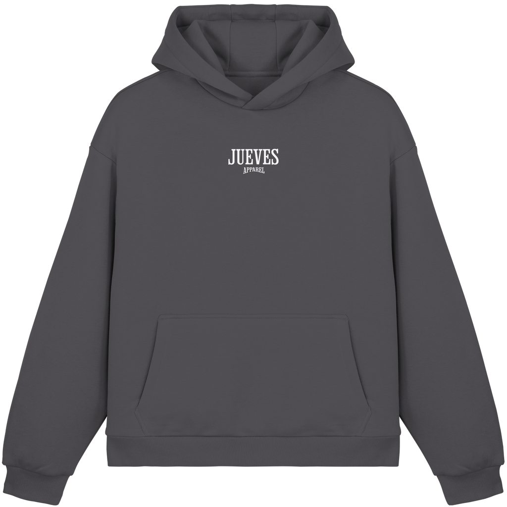 dunkelgrauer Oversized Boxcut Hoodie von Jueves Apparel mit Brustdruck – nachhaltige Streetwear aus 70% Baumwolle