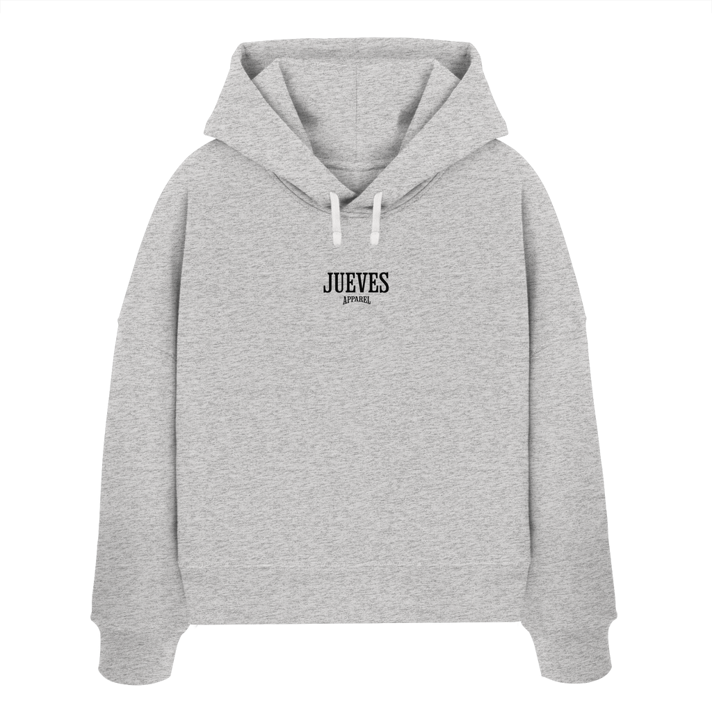 Frontansicht des grauen Damen oversized Boxcut Hoodies von Jueves Apparel mit oversized Schnitt, Druck auf der Brust– Streetwear aus 100 % Bio-Baumwolle, 300 g/m² Stoffgewicht. 