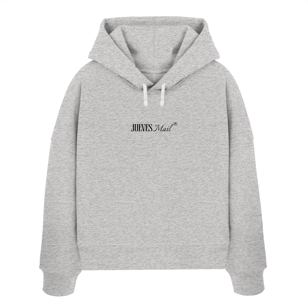 Frontansicht des grauen Damen oversized Boxcut Hoodies von Jueves Apparel mit oversized Schnitt, Druck auf der Brust– Streetwear aus 100 % Bio-Baumwolle, 300 g/m² Stoffgewicht. 