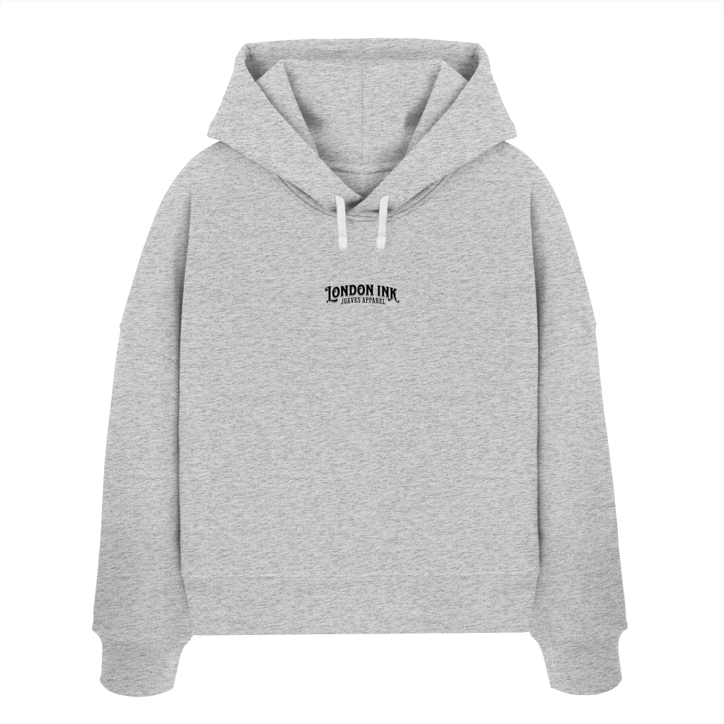 Frontansicht des grauen Damen oversized Boxcut Hoodies von Jueves Apparel mit oversized Schnitt, Druck auf der Brust– Streetwear aus 100 % Bio-Baumwolle, 300 g/m² Stoffgewicht. 