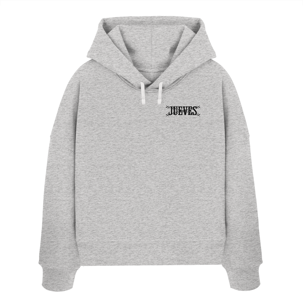 Frontansicht des grauen Damen oversized Boxcut Hoodies von Jueves Apparel mit oversized Schnitt, Druck auf der Brust– Streetwear aus 100 % Bio-Baumwolle, 300 g/m² Stoffgewicht. 