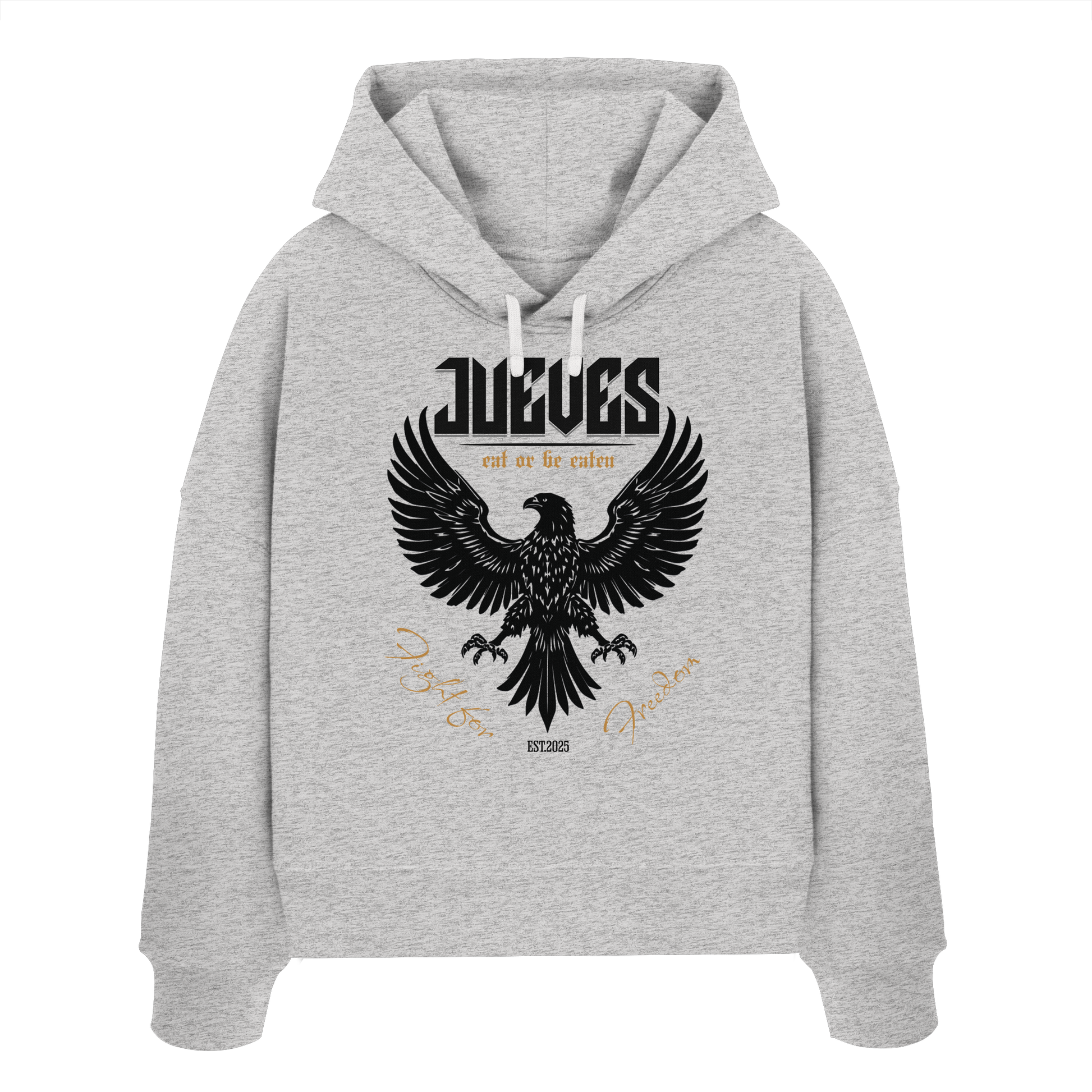 Frontansicht des grauen Damen oversized Boxcut Hoodies von Jueves Apparel mit oversized Schnitt, Druck auf der Brust– Streetwear aus 100 % Bio-Baumwolle, 300 g/m² Stoffgewicht.