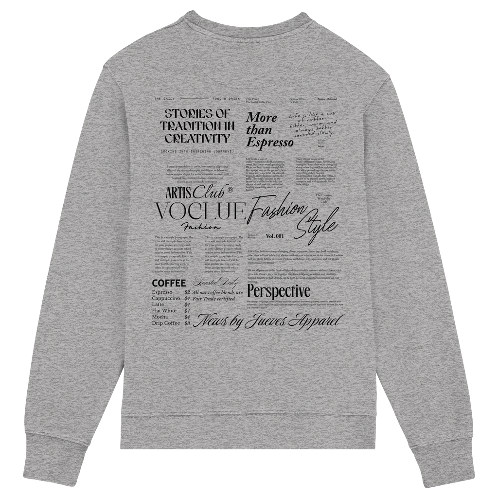 Rückansicht des grauen Classic Sweatshirts von Jueves Apparel mit großem Rückendruck – klassischer Fit aus 85 % Bio-Baumwolle, 15 % Polyester, 300 g/m² Stoffgewicht.
