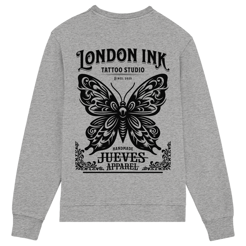 Rückansicht des grauen Classic Sweatshirts von Jueves Apparel mit großem Rückendruck – klassischer Fit aus 85 % Bio-Baumwolle, 15 % Polyester, 300 g/m² Stoffgewicht.