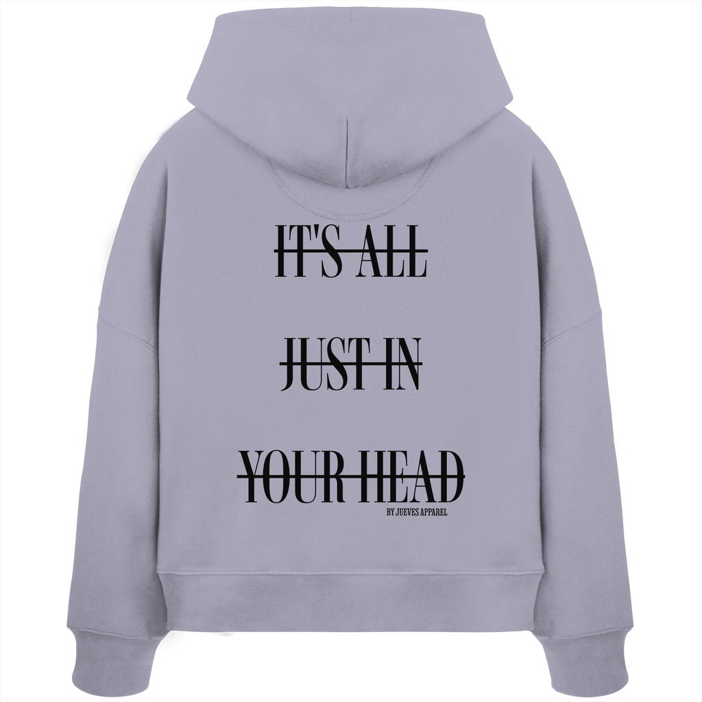 Damen Boxcut Hoodie „Head“ in Lavender von Jueves Apparel aus 100% Baumwolle – auffälliger Rückendruck als Schriftzug, moderner Urban Streetwear-Look.