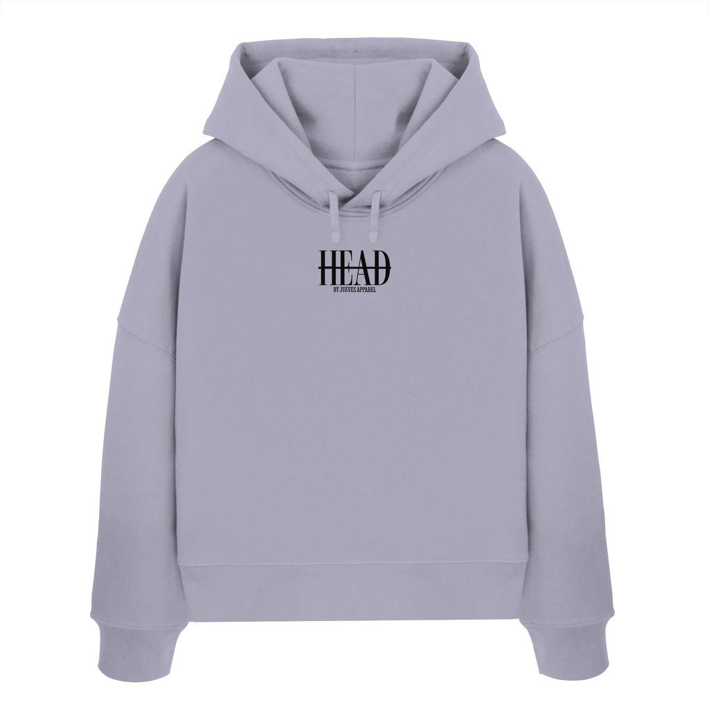 Damen Boxcut Hoodie „Head“ in Lavender von Jueves Apparel aus 100% Baumwolle – auffälliger Brustdruck als Schriftzug, moderner Urban Streetwear-Look.