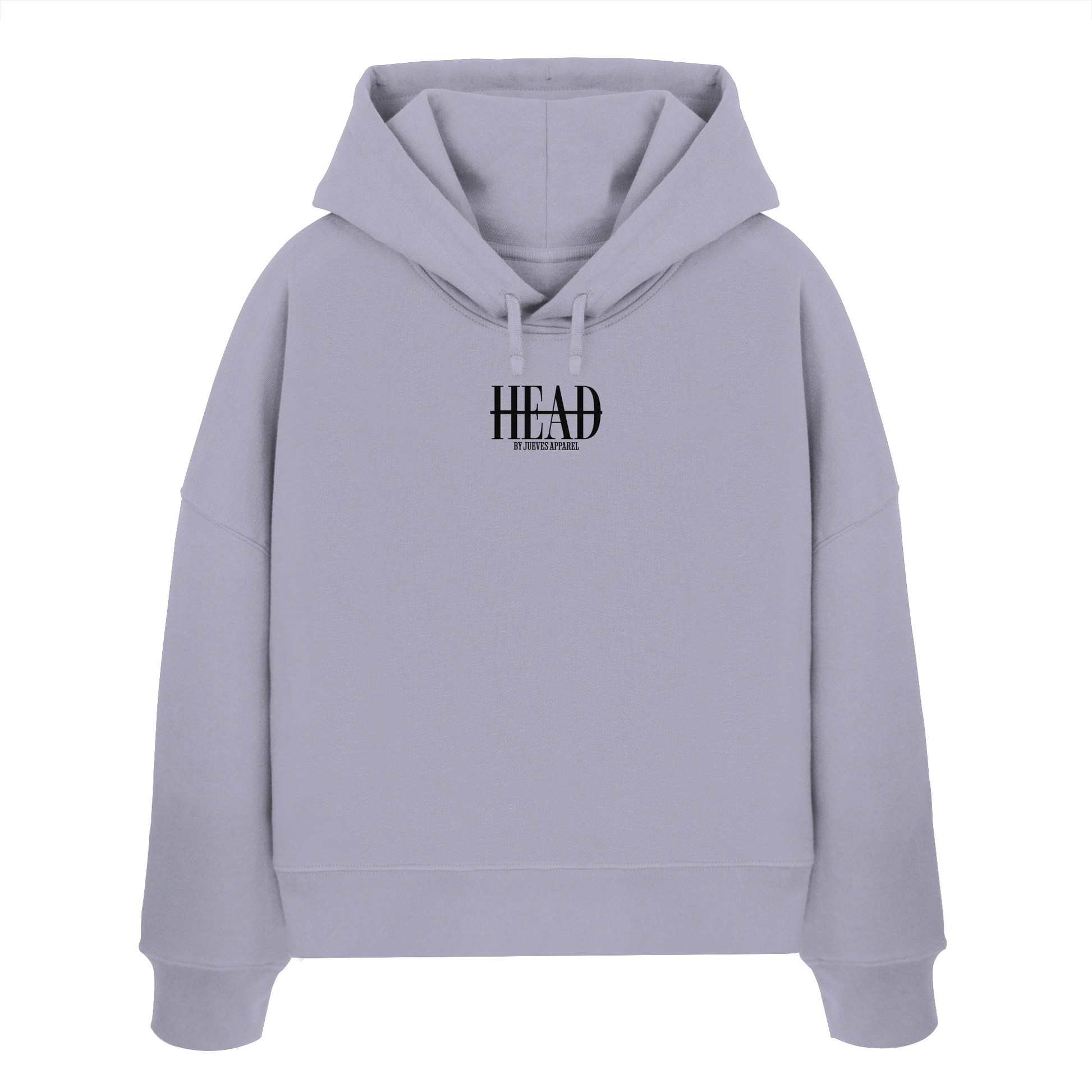 Damen Boxcut Hoodie „Head“ in Lavender von Jueves Apparel aus 100% Baumwolle – auffälliger Brustdruck als Schriftzug, moderner Urban Streetwear-Look.