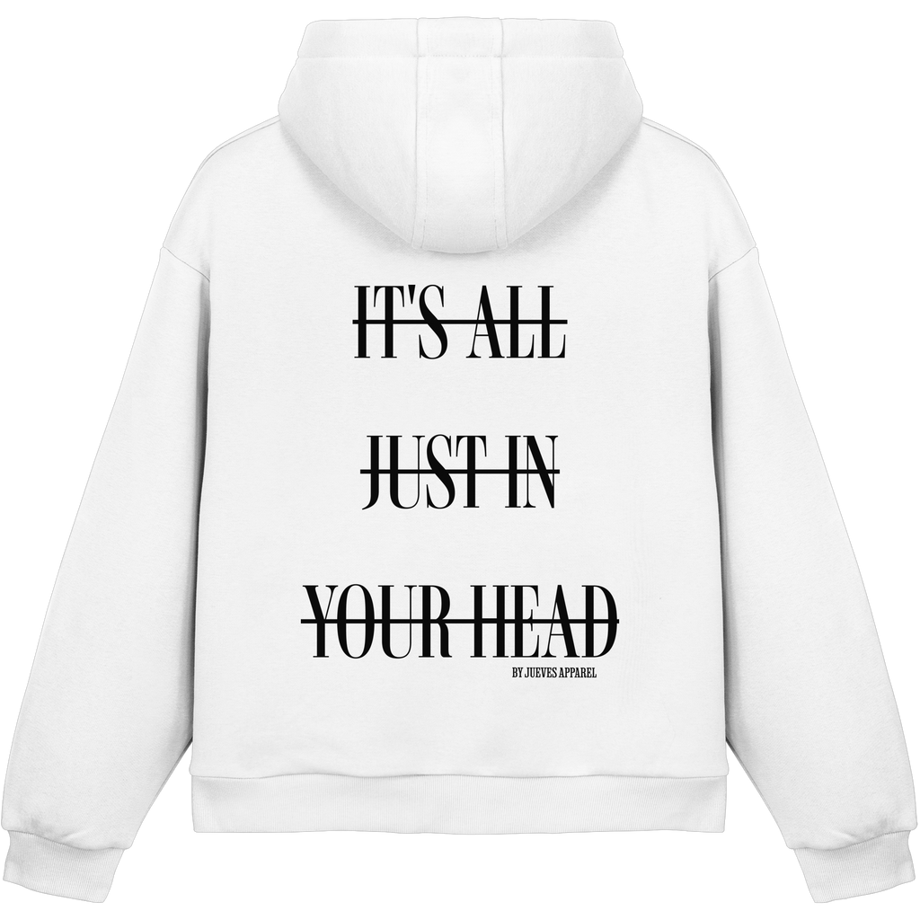 Fluffy Boxcut Hoodie „Head“ in White von Jueves Apparel aus 70% Baumwolle und 30% Polyester – auffälliger Rückendruck als Schriftzug, moderner Urban Streetwear-Look.