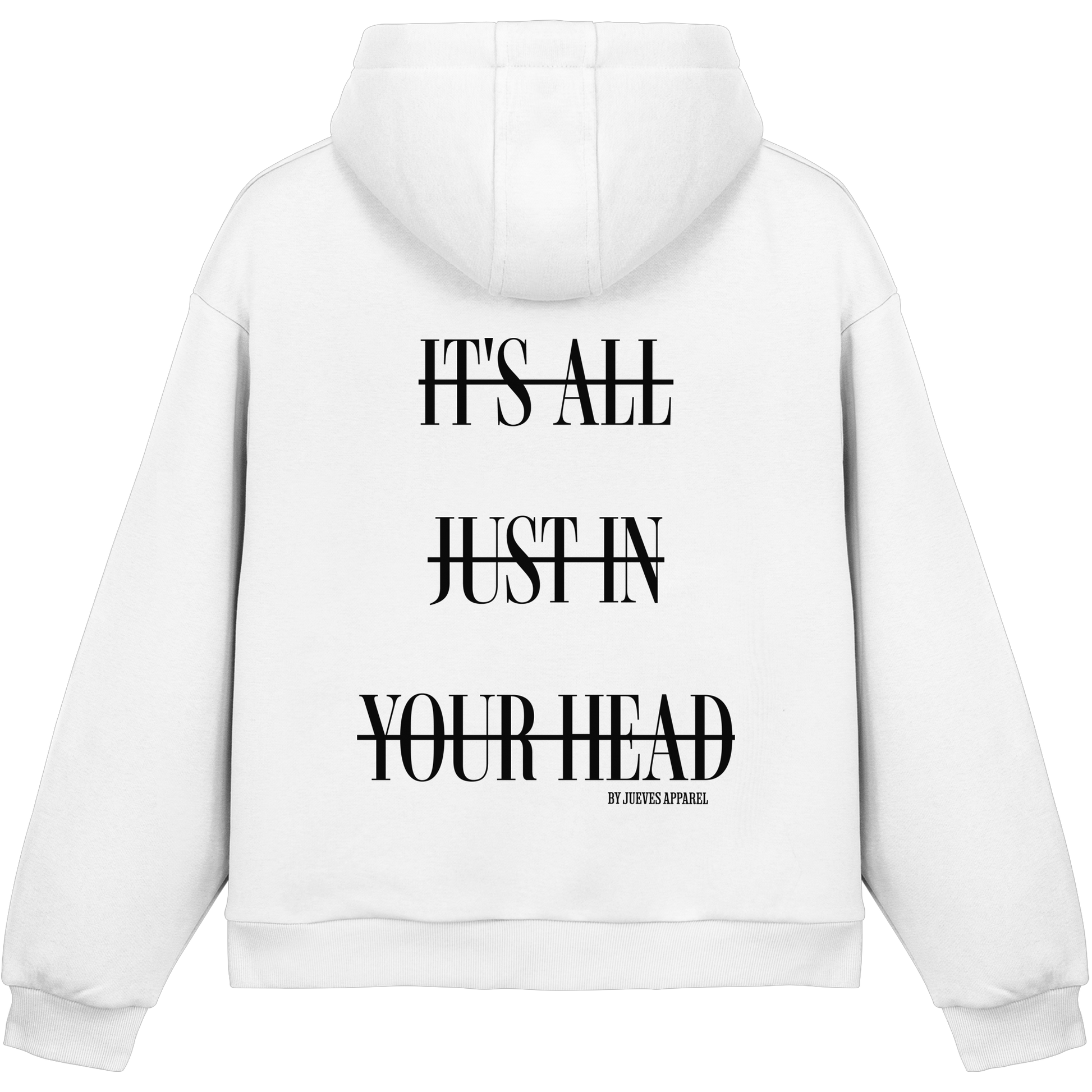 Fluffy Boxcut Hoodie „Head“ in White von Jueves Apparel aus 70% Baumwolle und 30% Polyester – auffälliger Rückendruck als Schriftzug, moderner Urban Streetwear-Look.