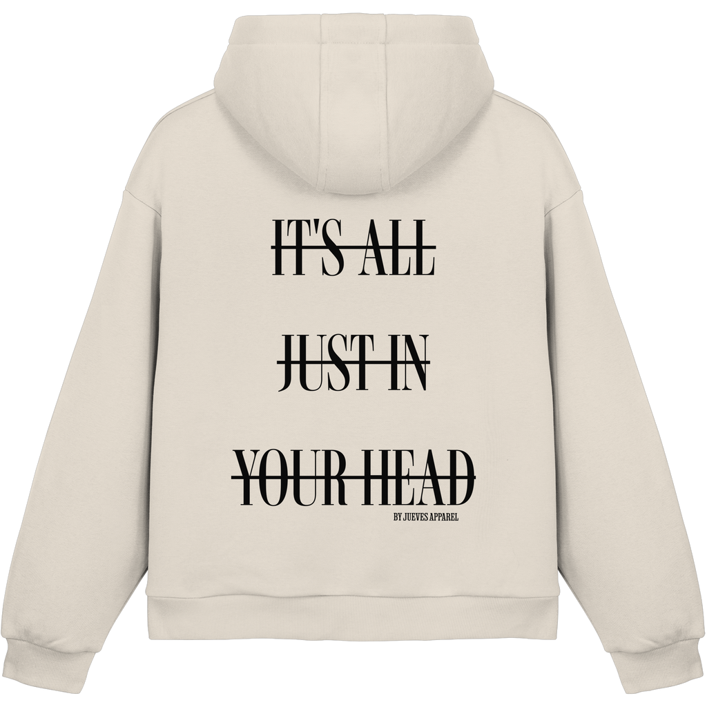 Fluffy Boxcut Hoodie „Head“ in White  Sand von Jueves Apparel aus 70% Baumwolle und 30% Polyester – auffälliger Rückendruck als Schriftzug, moderner Urban Streetwear-Look.