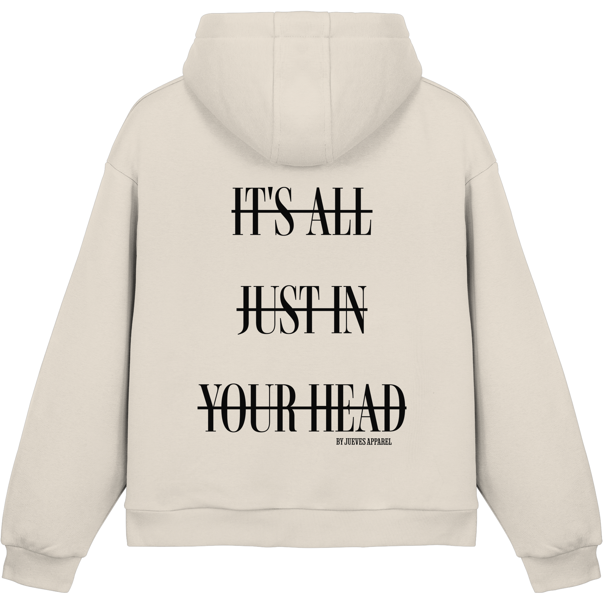 Fluffy Boxcut Hoodie „Head“ in White  Sand von Jueves Apparel aus 70% Baumwolle und 30% Polyester – auffälliger Rückendruck als Schriftzug, moderner Urban Streetwear-Look.