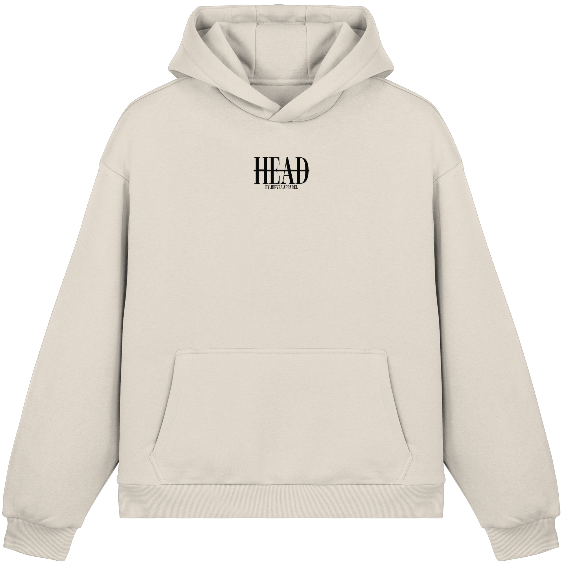 Fluffy Boxcut Hoodie „Head“ in White Sand von Jueves Apparel aus 70% Baumwolle und 30% Polyester – auffälliger Brustdruck als Schriftzug, moderner Urban Streetwear-Look.