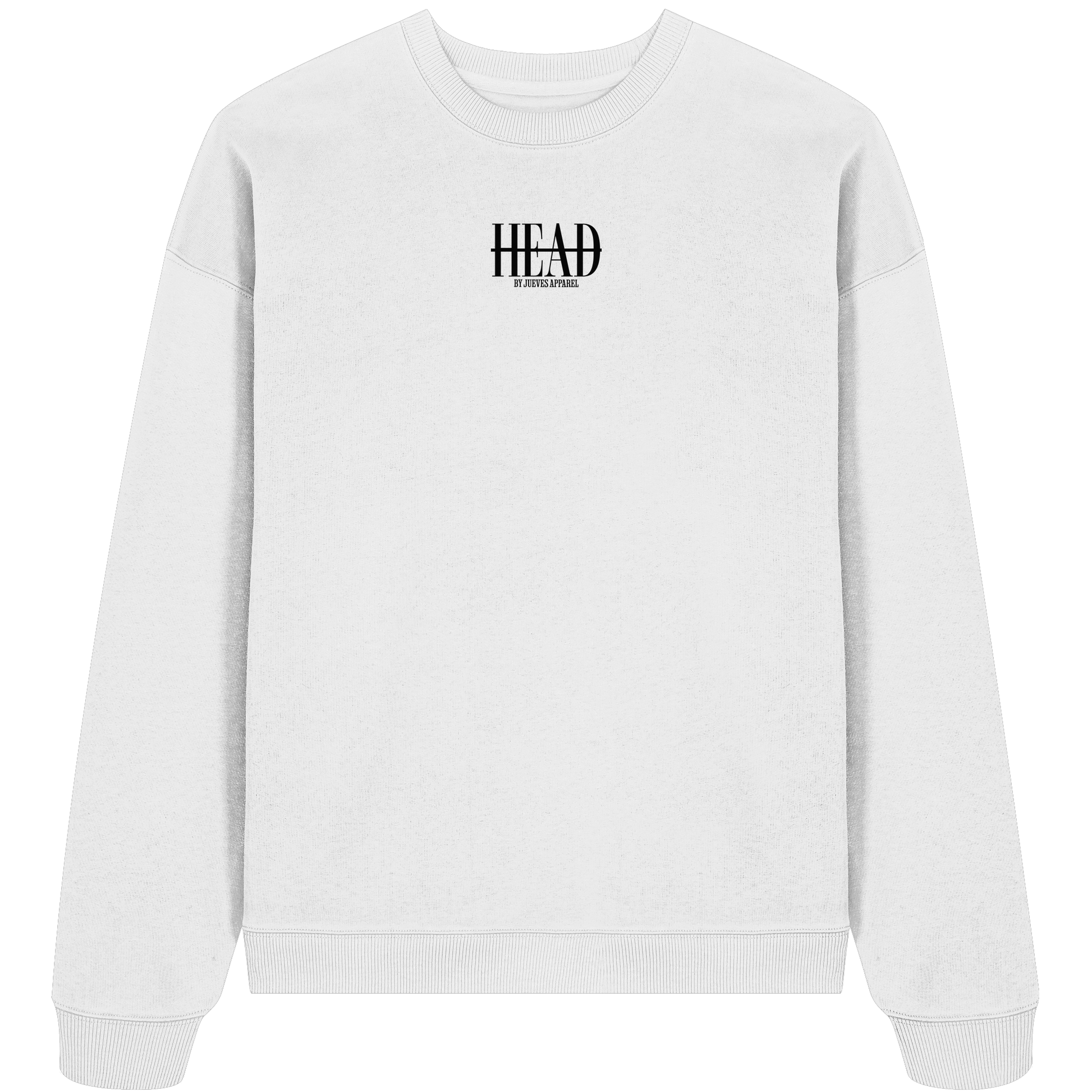 Oversized Sweatshirt „Head“ in White von Jueves Apparel aus 100% Baumwolle – auffälliger Brustdruck Schriftzug, moderner Urban Streetwear-Look.