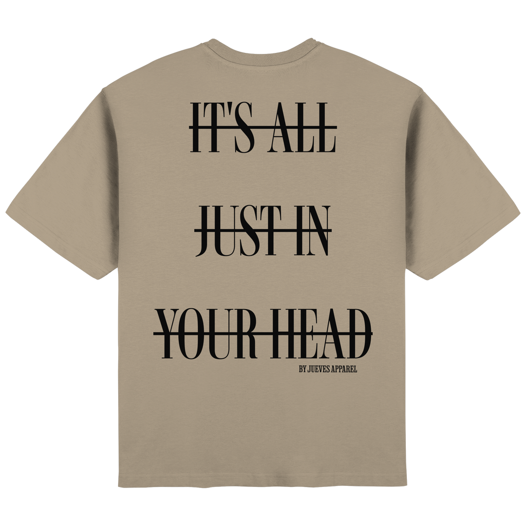 Streetwear Oversized T-Shirt „Head“ in Mastic von Jueves Apparel aus 100 % Baumwolle – auffälliger Rückendruck als Schriftzug, moderner Urban Streetstyle-Look.