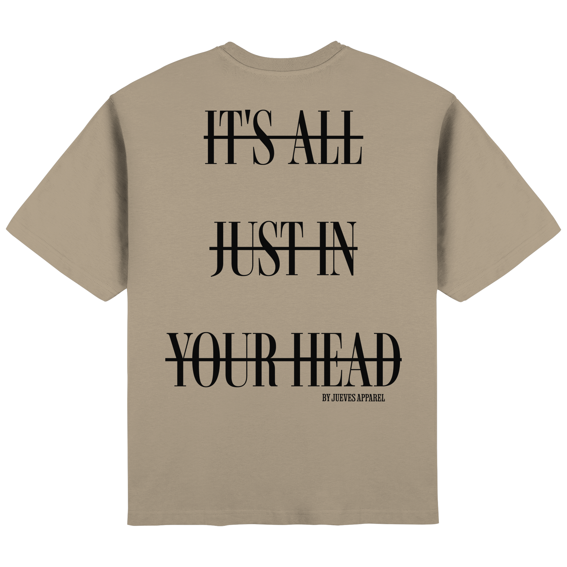 Streetwear Oversized T-Shirt „Head“ in Mastic von Jueves Apparel aus 100 % Baumwolle – auffälliger Rückendruck als Schriftzug, moderner Urban Streetstyle-Look.