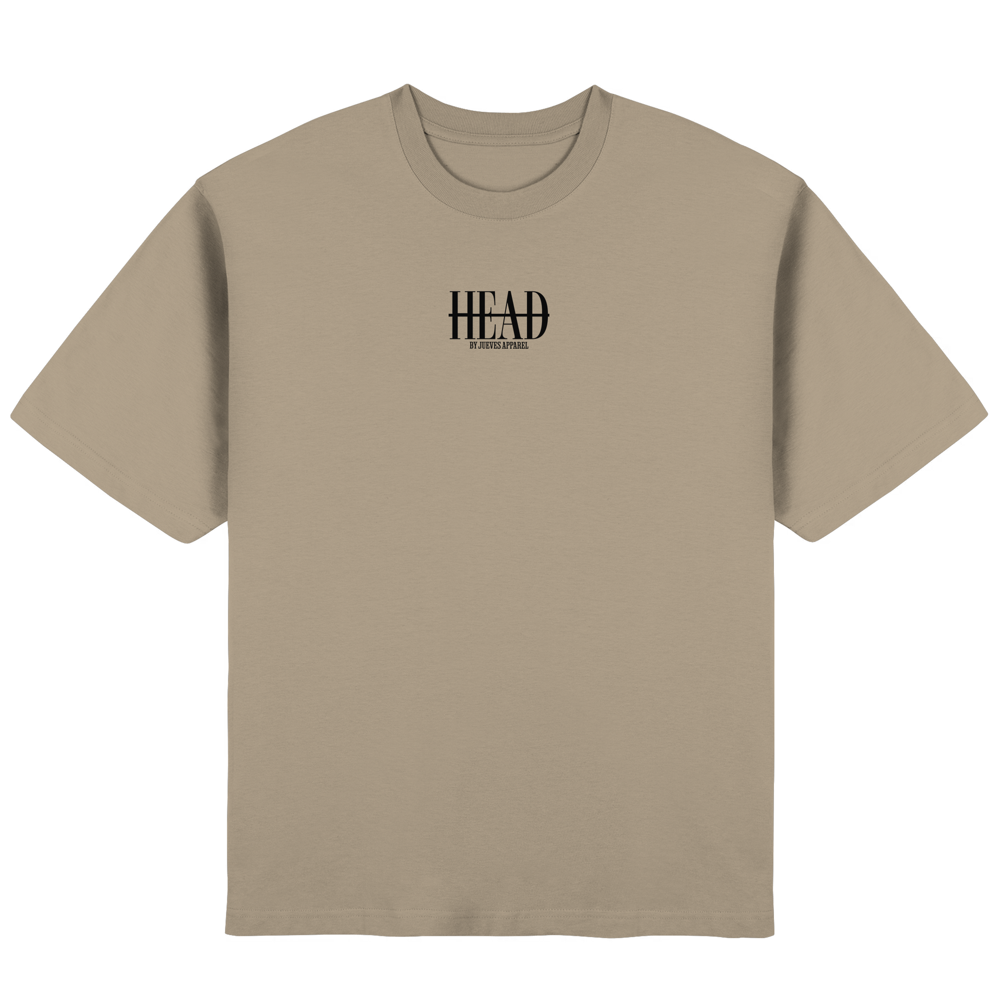Streetwear Oversized T-Shirt „Head“ in Mastic von Jueves Apparel aus 100 % Baumwolle – auffälliger Brustdruck als Schriftzug, moderner Urban Streetstyle-Look.