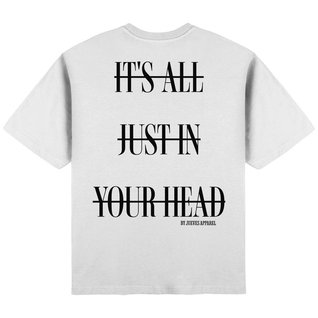 Streetwear Oversized T-Shirt „Head“ in White von Jueves Apparel aus 100 % Baumwolle – auffälliger Rückendruck als Schriftzug, moderner Urban Streetstyle-Look.