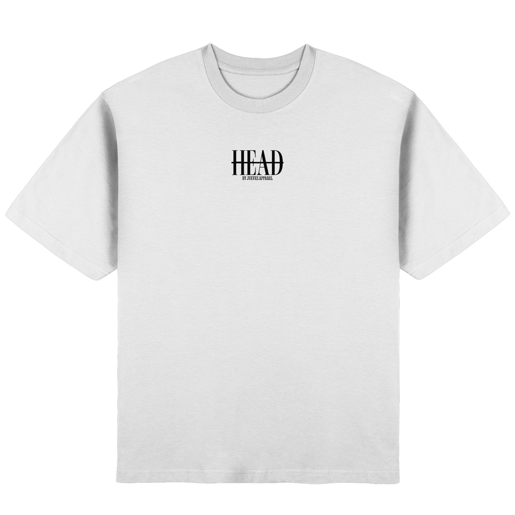 Streetwear Oversized T-Shirt „Head“ in White von Jueves Apparel aus 100 % Baumwolle – auffälliger Brustdruck als Schriftzug, moderner Urban Streetstyle-Look.