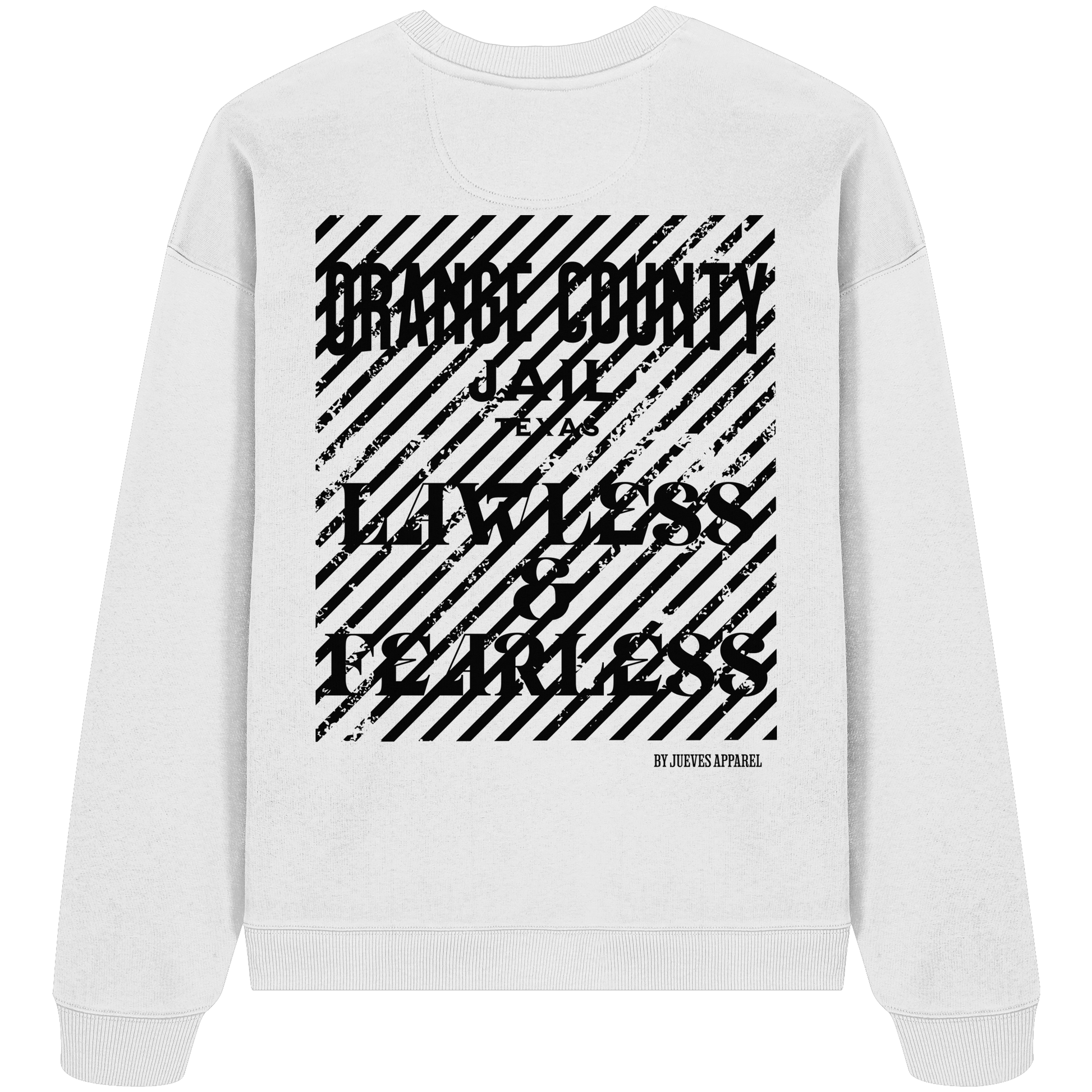 Oversized Sweatshirt „Jail“ in White von Jueves Apparel aus 100% Baumwolle – auffälliger Rückendruck Gefängnisdesign mit Schriftzug, moderner Urban Streetwear-Look.