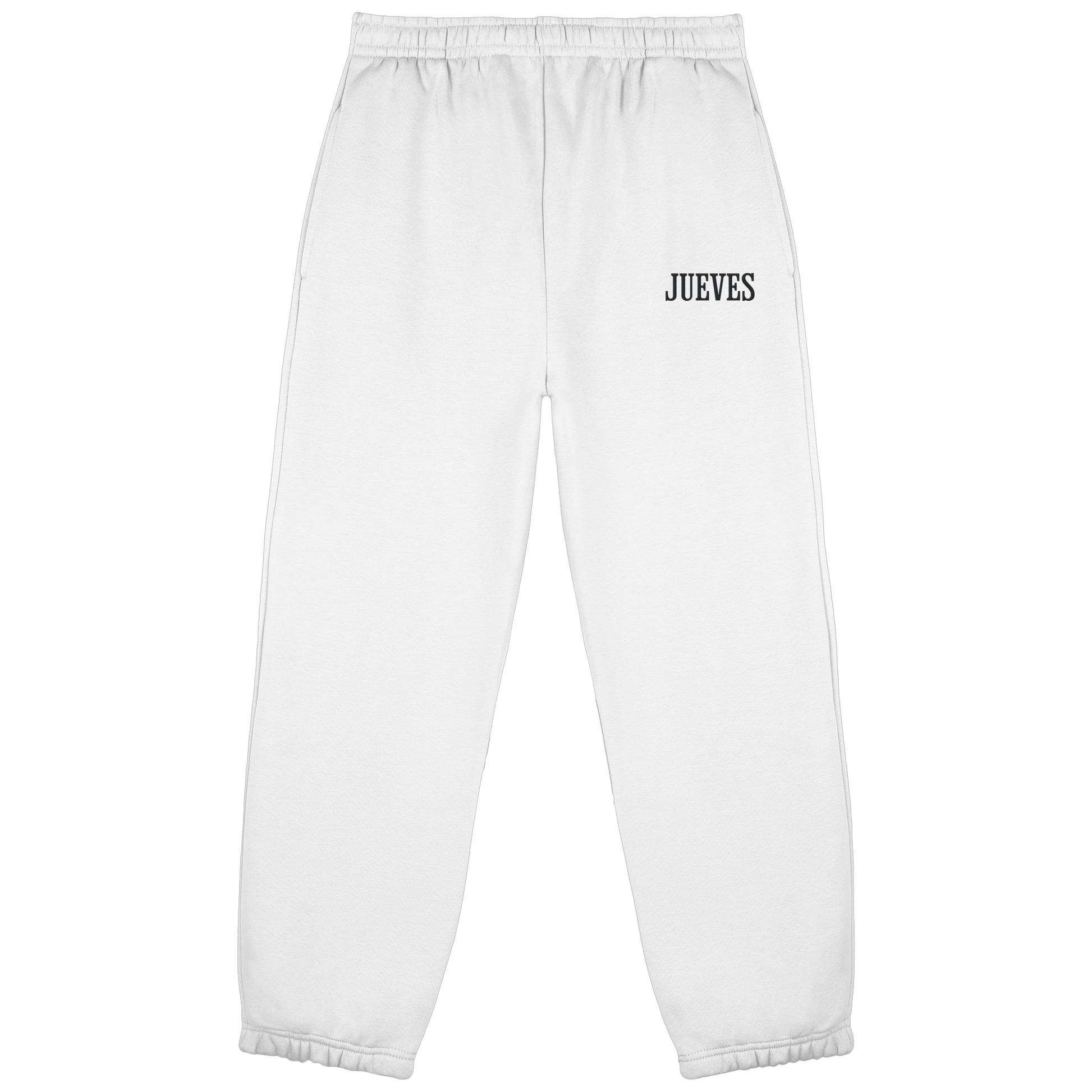 Fluffy Sweatpants „Jueves Black“ in White von Jueves Apparel aus 70% Baumwolle und 30% Polyester – auffällige Beinstickerei, moderner Urban Streetwear-Look.