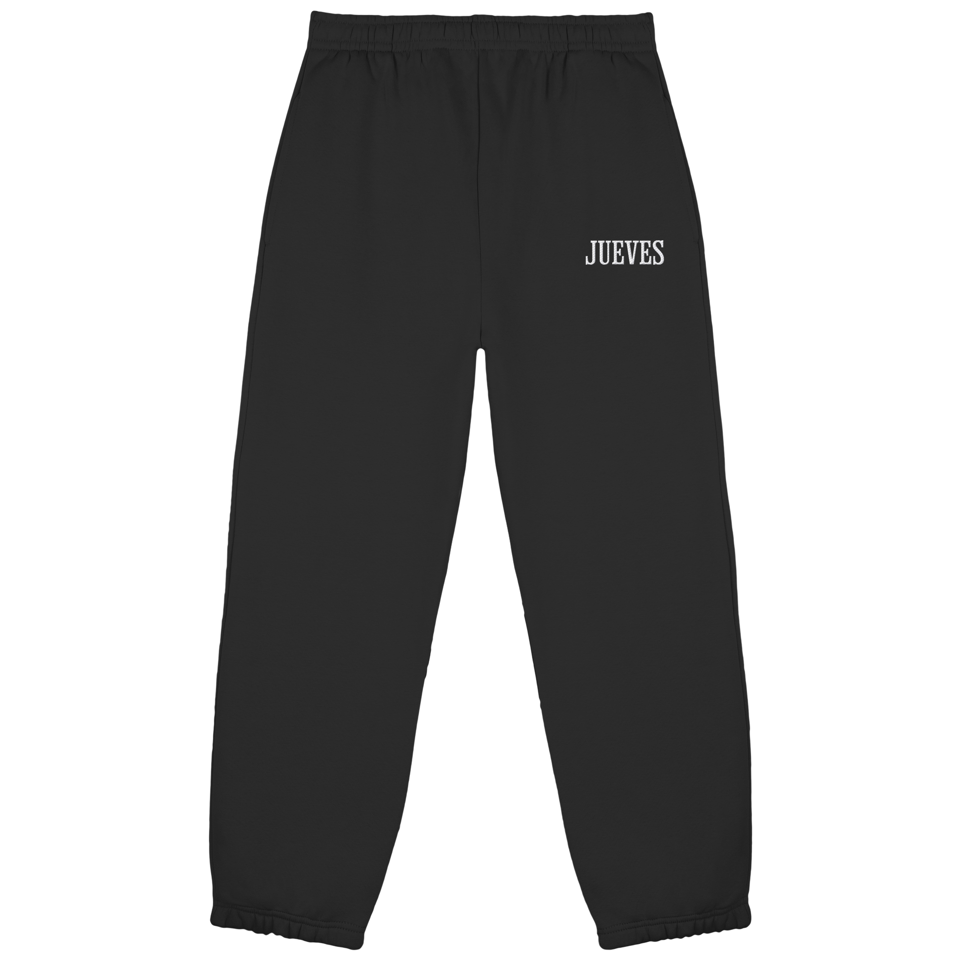 Fluffy Sweatpants „Jueves White“ in Black von Jueves Apparel aus 70% Baumwolle und 30% Polyester – auffällige Beinstickerei, moderner Urban Streetwear-Look.