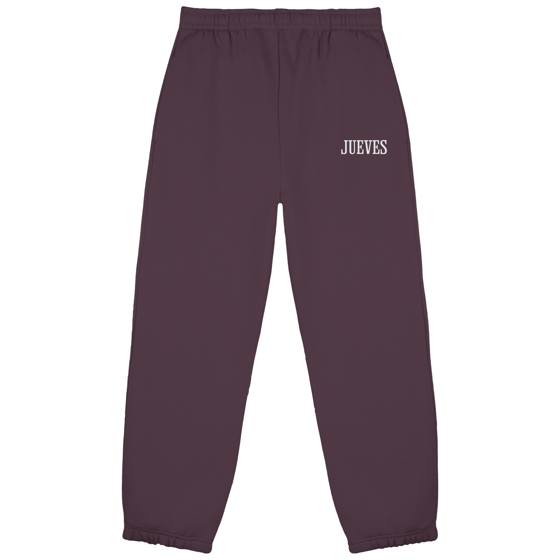 Fluffy Sweatpants „Jueves White“ in Plum Purple von Jueves Apparel aus 70% Baumwolle und 30% Polyester – auffällige Beinstickerei, moderner Urban Streetwear-Look.