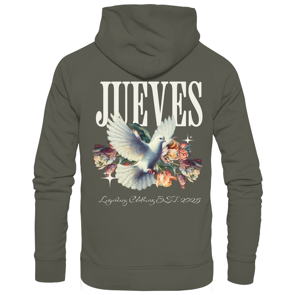khaki Jueves Apparel Classic Hoodie mit markantem Rückendruck – urbaner Streetwear-Style aus Bio-Baumwolle