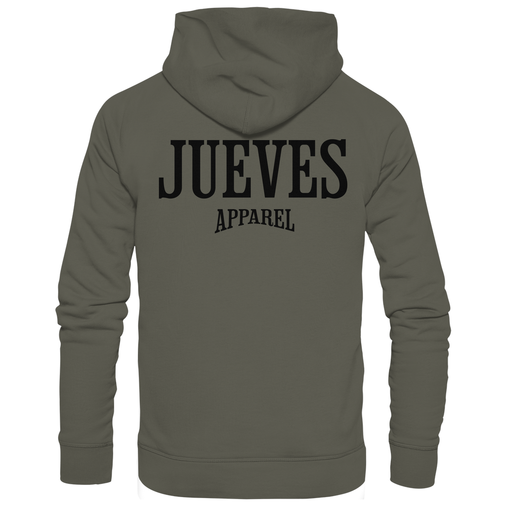 khaki Jueves Apparel Classic Hoodie mit markantem Rückendruck – urbaner Streetwear-Style aus Bio-Baumwolle