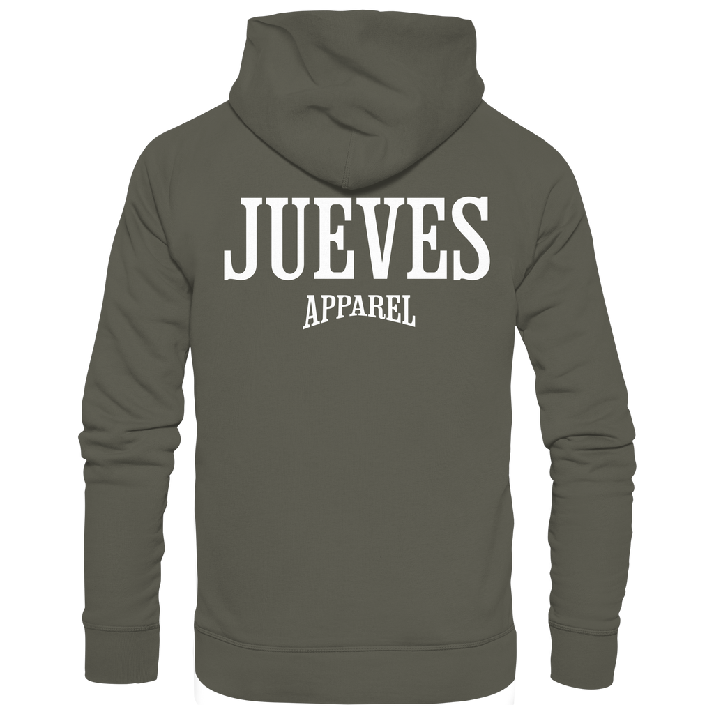 khaki Jueves Apparel Classic Hoodie mit markantem Rückendruck – urbaner Streetwear-Style aus Bio-Baumwolle