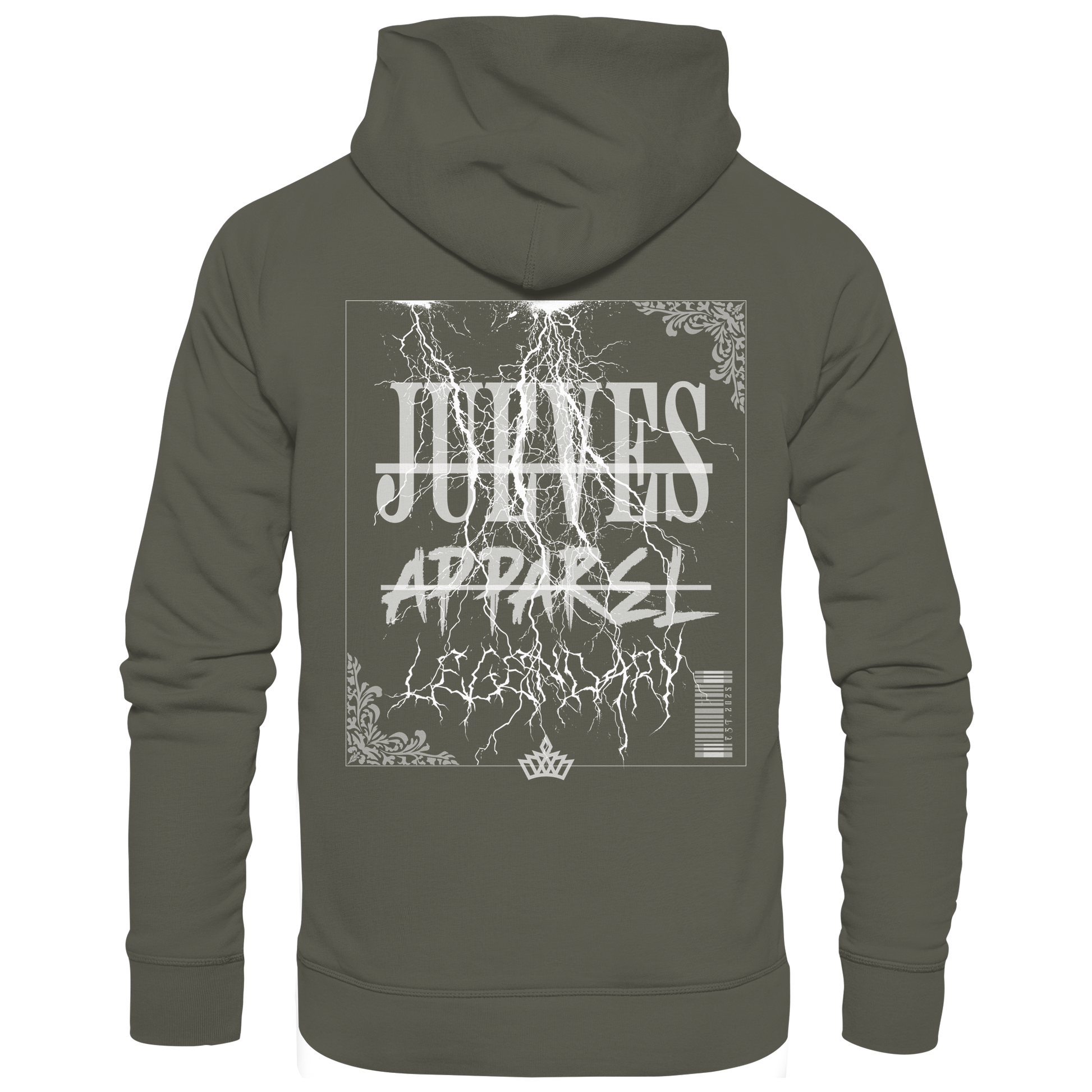 khaki Jueves Apparel Classic Hoodie mit markantem Rückendruck – urbaner Streetwear-Style aus Bio-Baumwolle