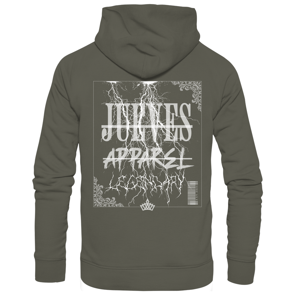 khaki Jueves Apparel Classic Hoodie mit markantem Rückendruck – urbaner Streetwear-Style aus Bio-Baumwolle