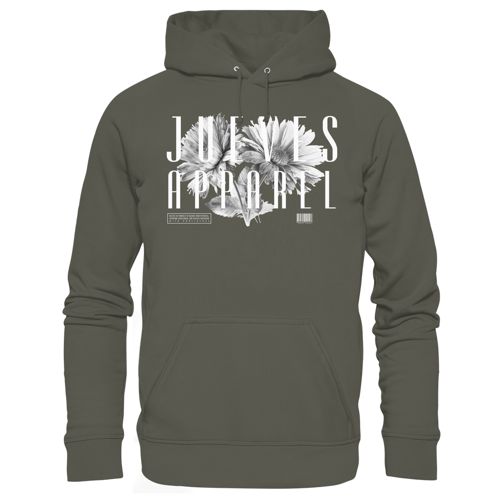 khaki Classic Hoodie von Jueves Apparel mit  Brustdruck im klassischen Schnitt – nachhaltiger Streetwear-Look aus 100 % Bio-Baumwolle