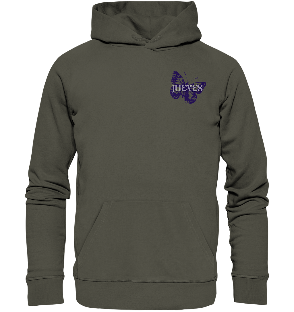 khaki Classic Hoodie von Jueves Apparel mit kleinem Brustdruck im klassischen Schnitt – nachhaltiger Streetwear-Look aus 100 % Bio-Baumwolle