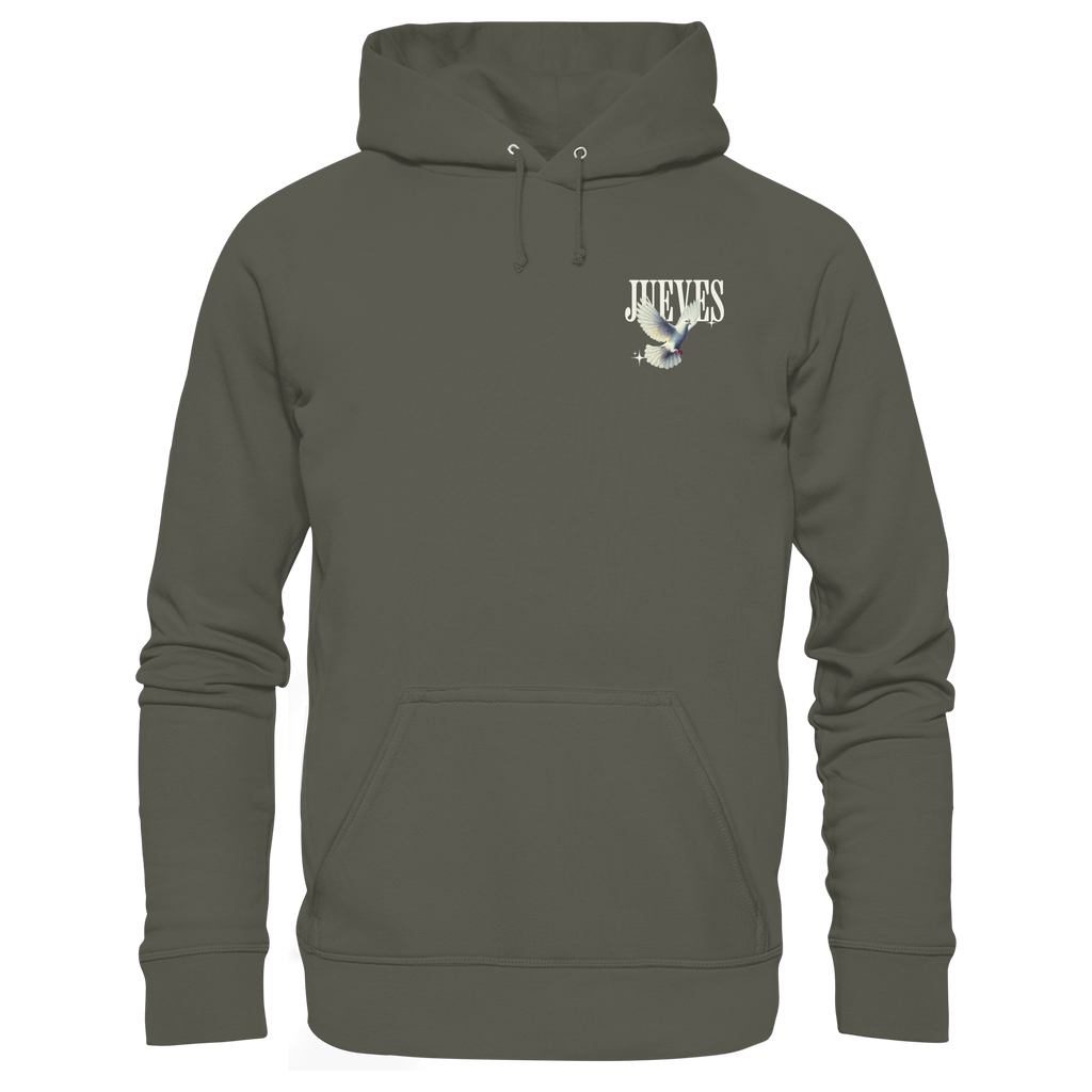 khaki Classic Hoodie von Jueves Apparel mit kleinem Brustdruck im klassischen Schnitt – nachhaltiger Streetwear-Look aus 100 % Bio-Baumwolle