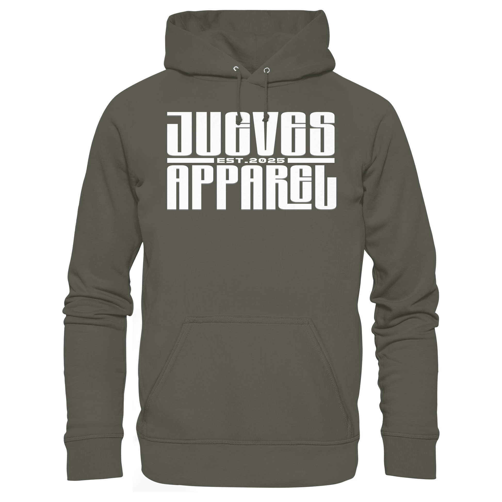 Khaki Classic Hoodie von Jueves Apparel mit Brustdruck im klassischen Schnitt – nachhaltiger Streetwear-Look aus 100 % Bio-Baumwolle