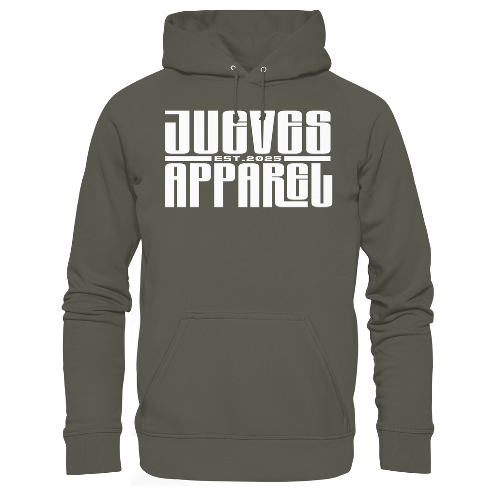 Khaki Classic Hoodie von Jueves Apparel mit Brustdruck im klassischen Schnitt – nachhaltiger Streetwear-Look aus 100 % Bio-Baumwolle